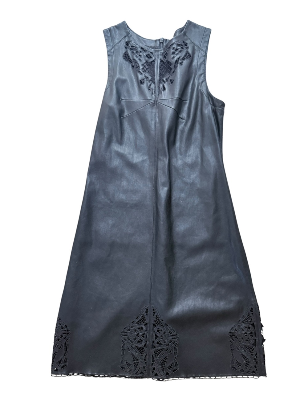 Tart Collections Black Faux Leather Laser Cut Lace Detail Midi Dress size Medium